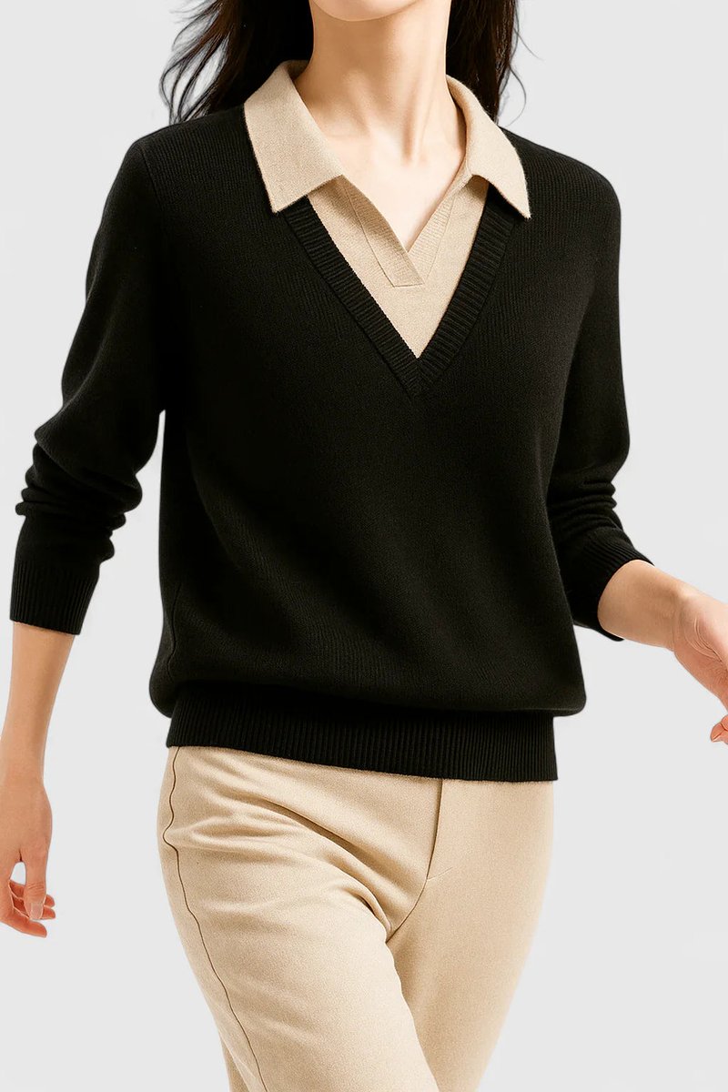 Women's Polo Collar V-Neck Knit Pullover Sweater with Button Cuffs