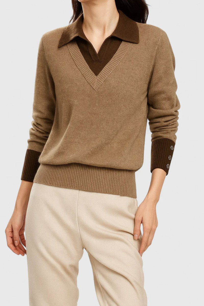 Women's Polo Collar V-Neck Knit Pullover Sweater with Button Cuffs