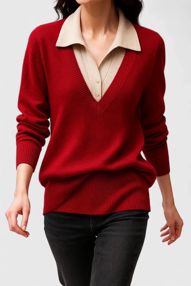 Women's Polo Collar V-Neck Knit Pullover Sweater with Button Cuffs
