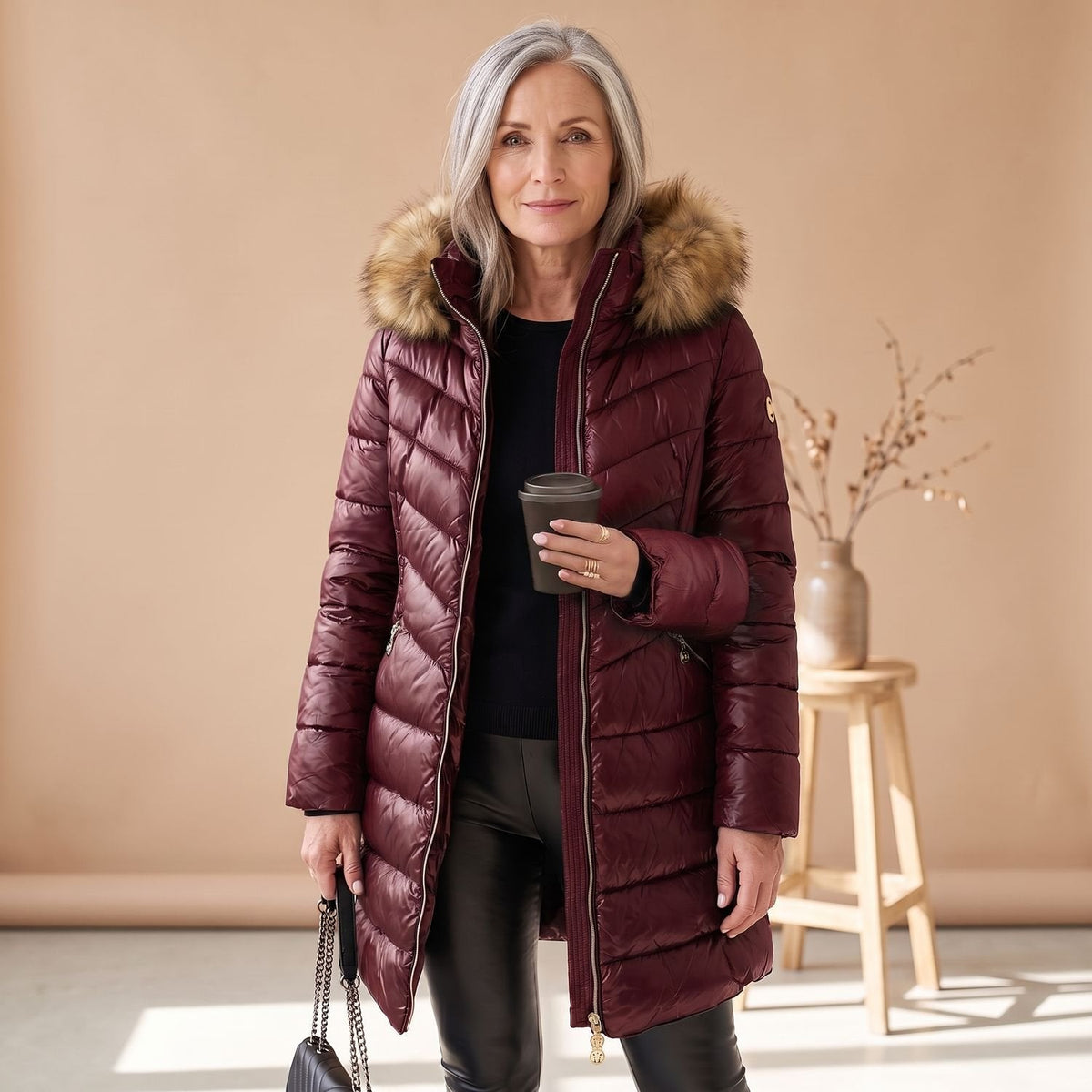 Women's Quilted Puffer Coat with Faux-Fur Collar