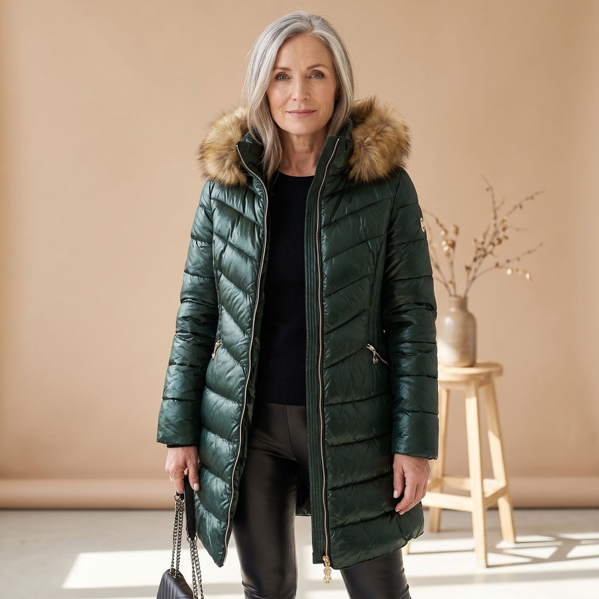 Women's Quilted Puffer Coat with Faux-Fur Collar