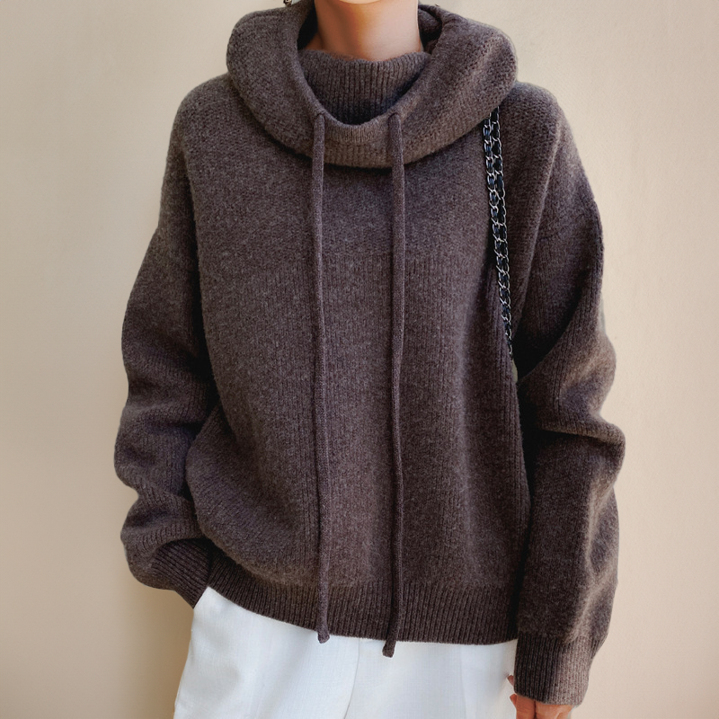 Sweat à capuche en maille pour femme, coupe décontractée et col cheminée