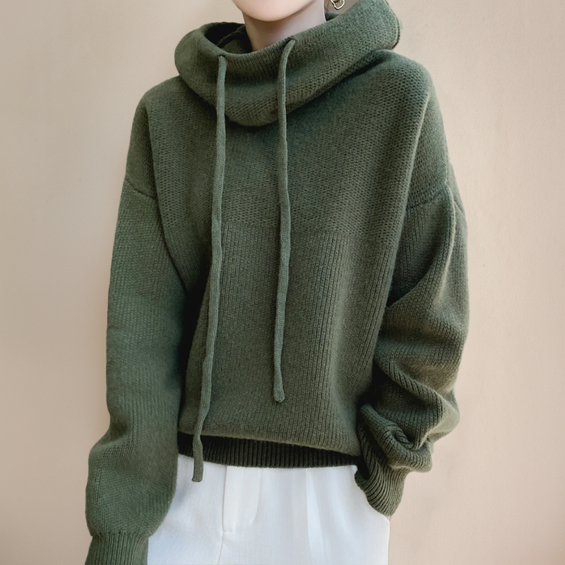 Sweat à capuche en maille pour femme, coupe décontractée et col cheminée