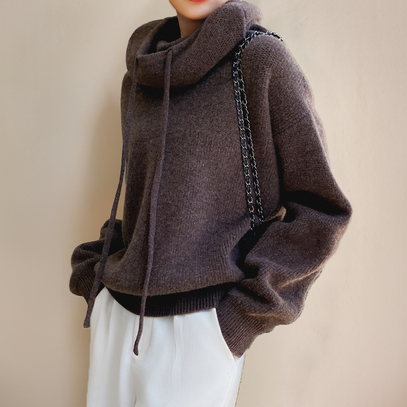 Sweat à capuche en maille pour femme, coupe décontractée et col cheminée