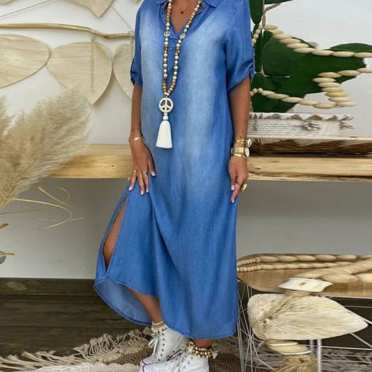 Women's Relaxed-Fit Denim-Look Maxi Shirt Dress with Side Slit