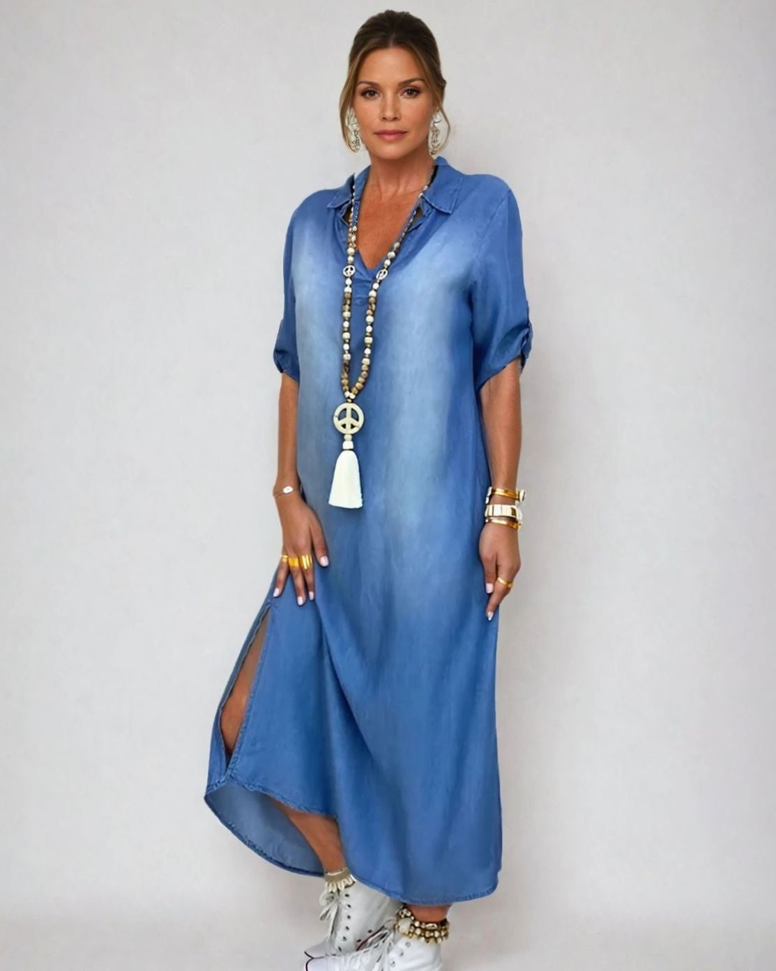 Robe-chemise longue en denim pour femmes à coupe décontractée et fente latérale