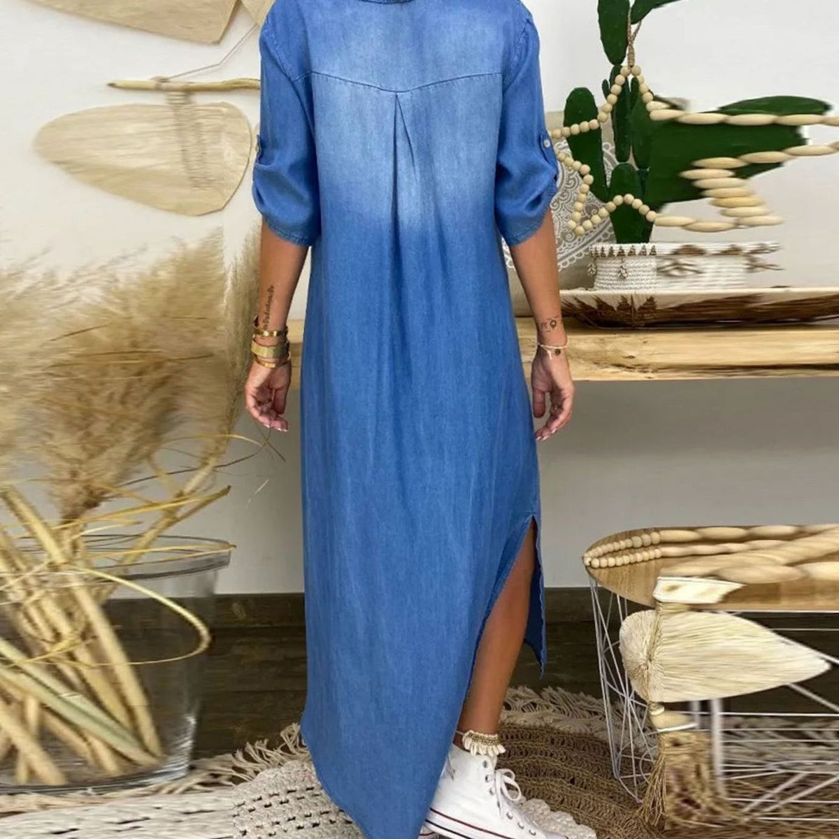 Robe-chemise longue en denim pour femmes à coupe décontractée et fente latérale