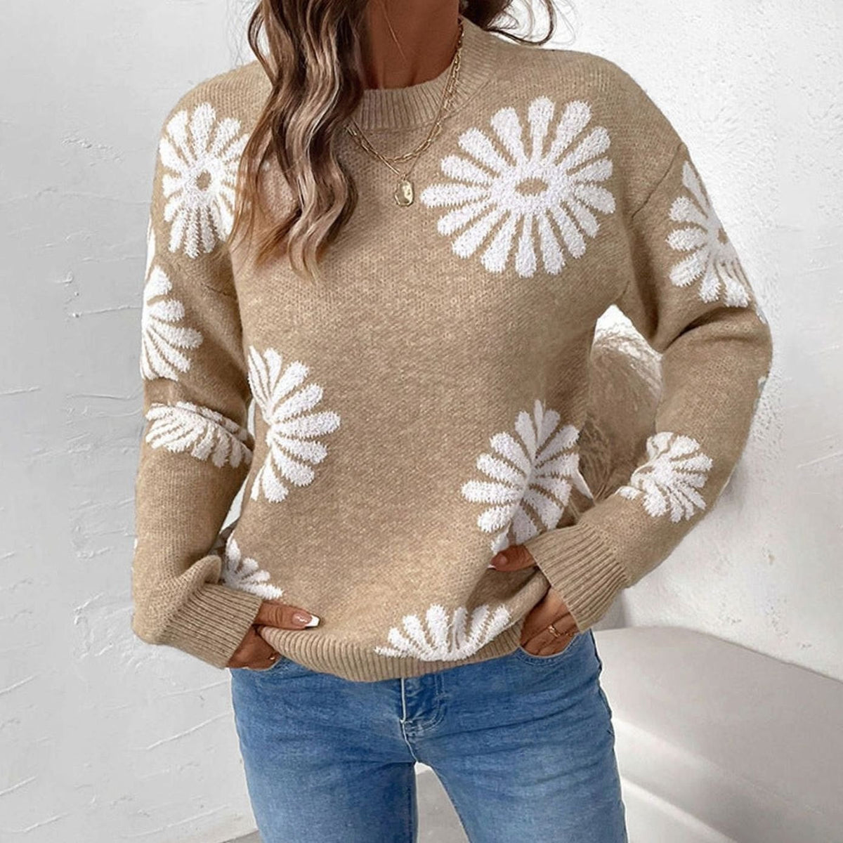 Pull en maille intarsia à fleurs, coupe décontractée et col rond pour femme