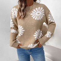 Pull en maille intarsia à fleurs, coupe décontractée et col rond pour femme