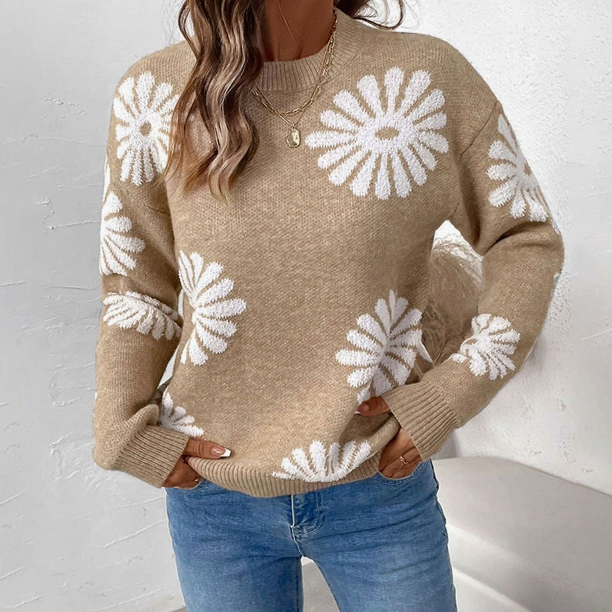 Pull en maille intarsia à fleurs, coupe décontractée et col rond pour femme