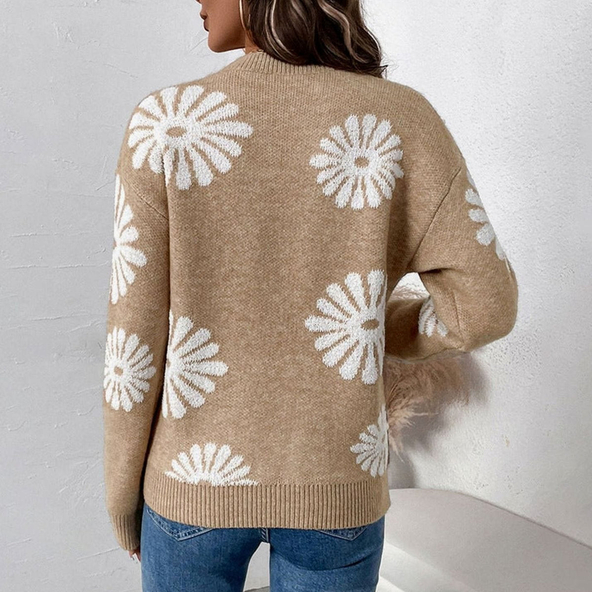 Pull en maille intarsia à fleurs, coupe décontractée et col rond pour femme
