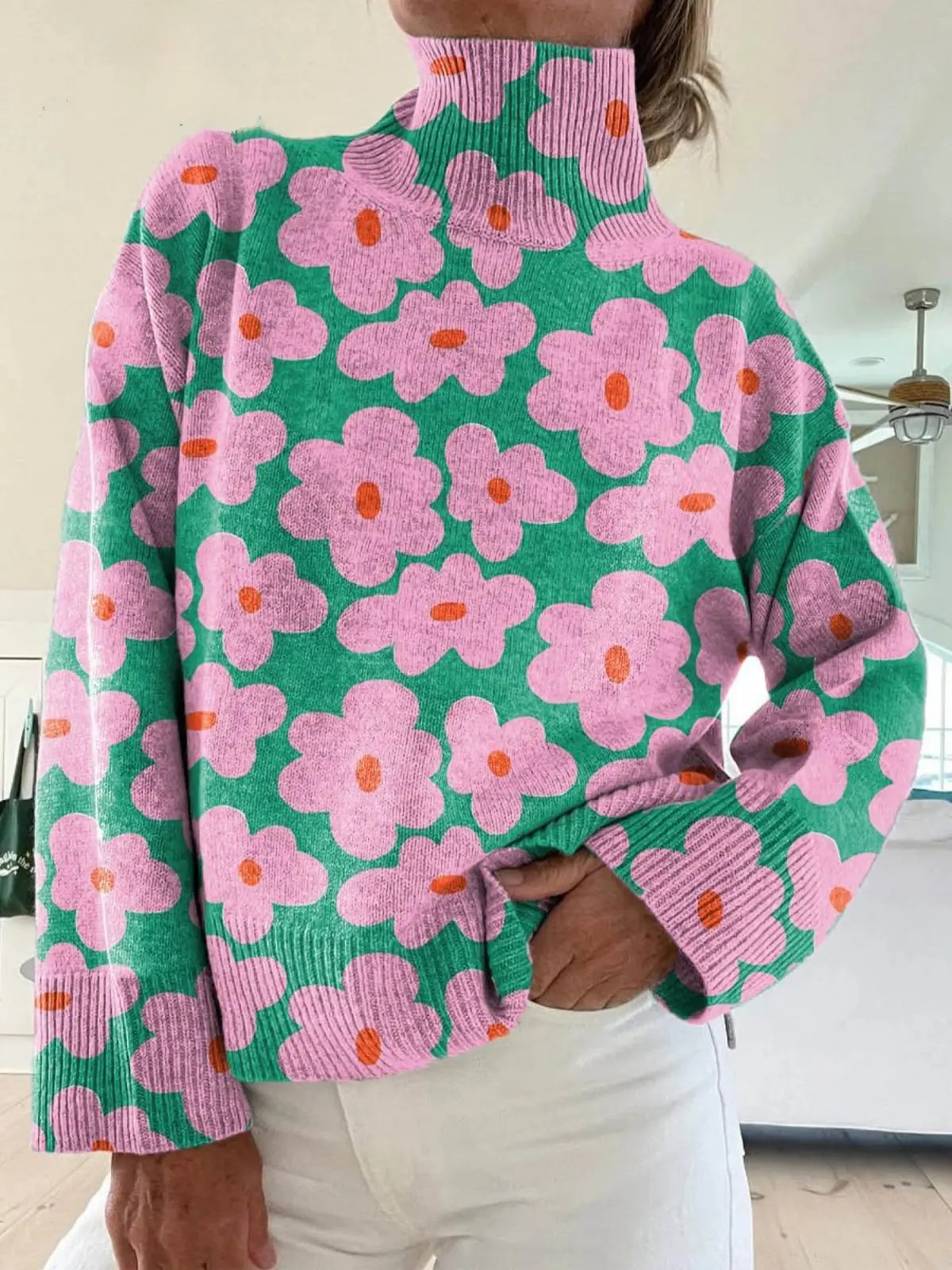 Women's Relaxed Fit Floral Knit High Neck Sweater