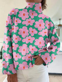 Women's Relaxed Fit Floral Knit High Neck Sweater