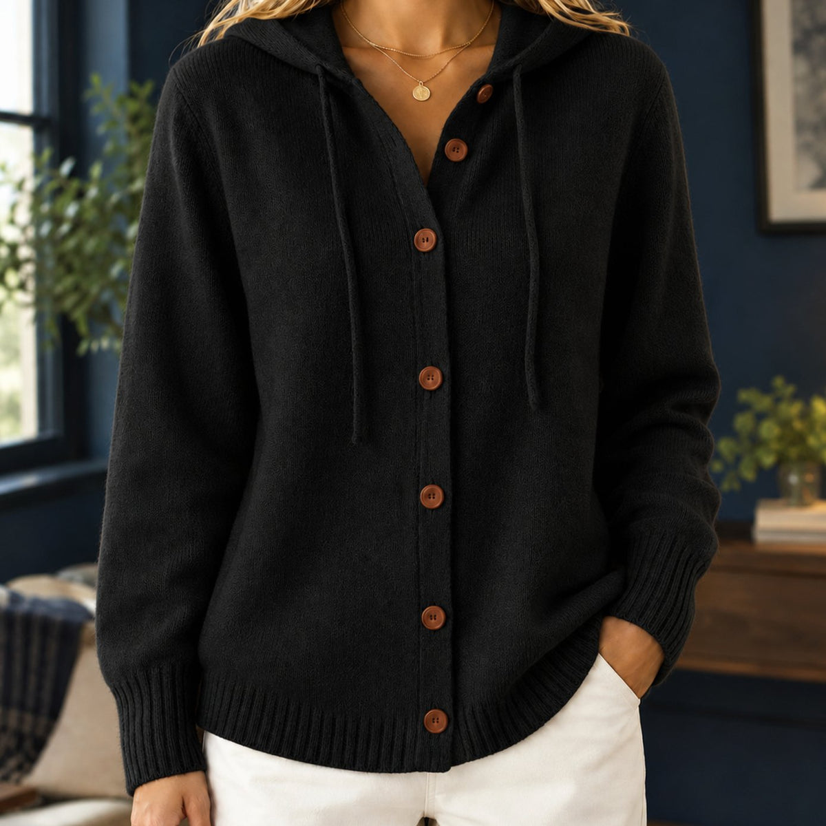 Women's Relaxed-Fit Hooded Button-Front Knit Cardigan