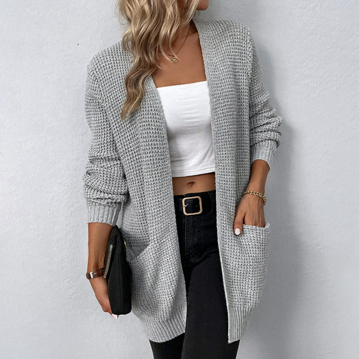 Women's Relaxed-Fit Open-Front Knit Winter Cardigan with Patch Pockets