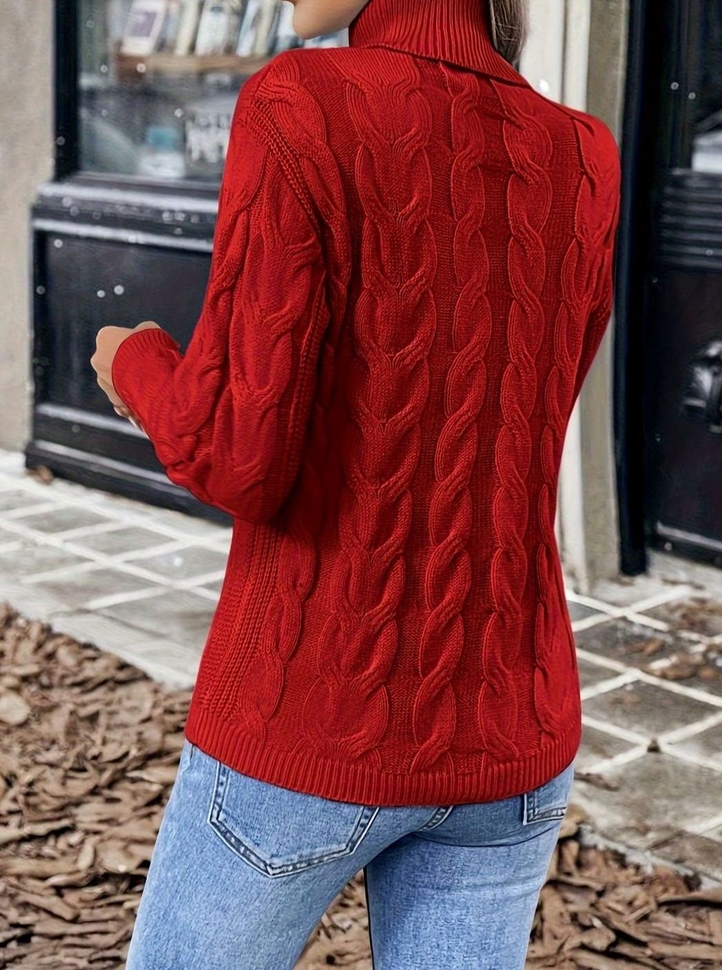 Women's Relaxed Long-Sleeve Cable-Knit Turtleneck Pullover Sweater