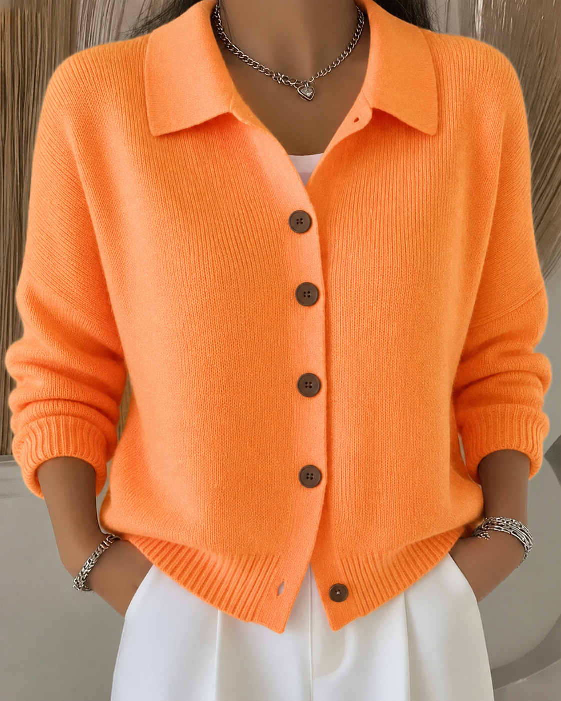 Women's Relaxed Soft-Knit Collared Button-Up Cardigan