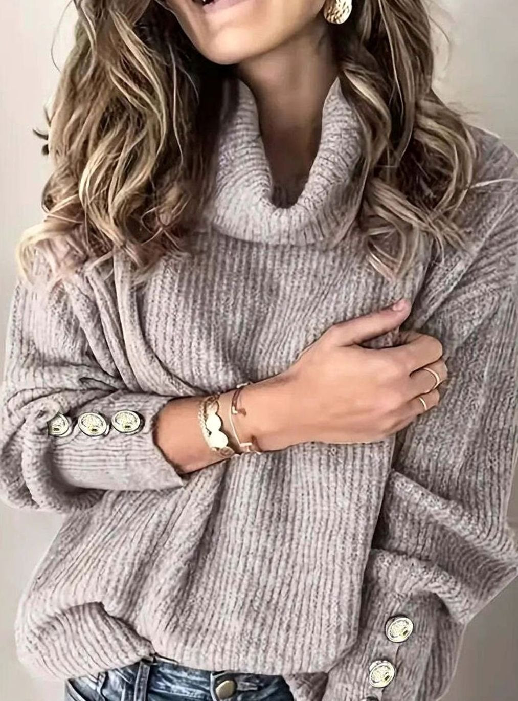 Women's Ribbed Cowl Neck Button-Cuff Knit Pullover Sweater