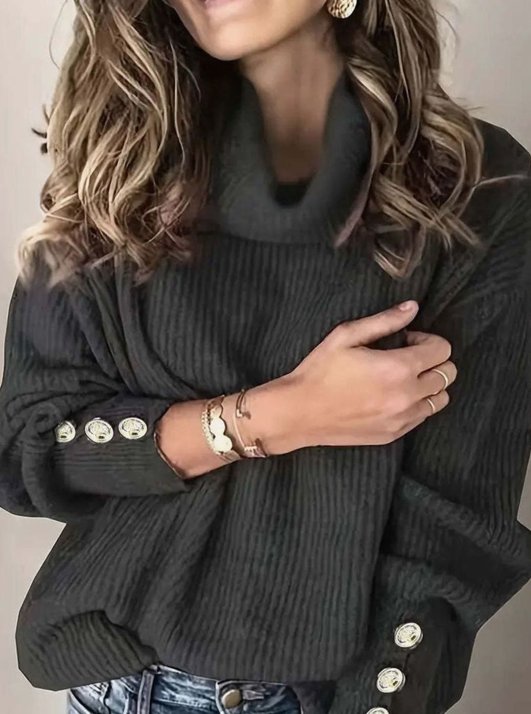 Women's Ribbed Cowl Neck Button-Cuff Knit Pullover Sweater