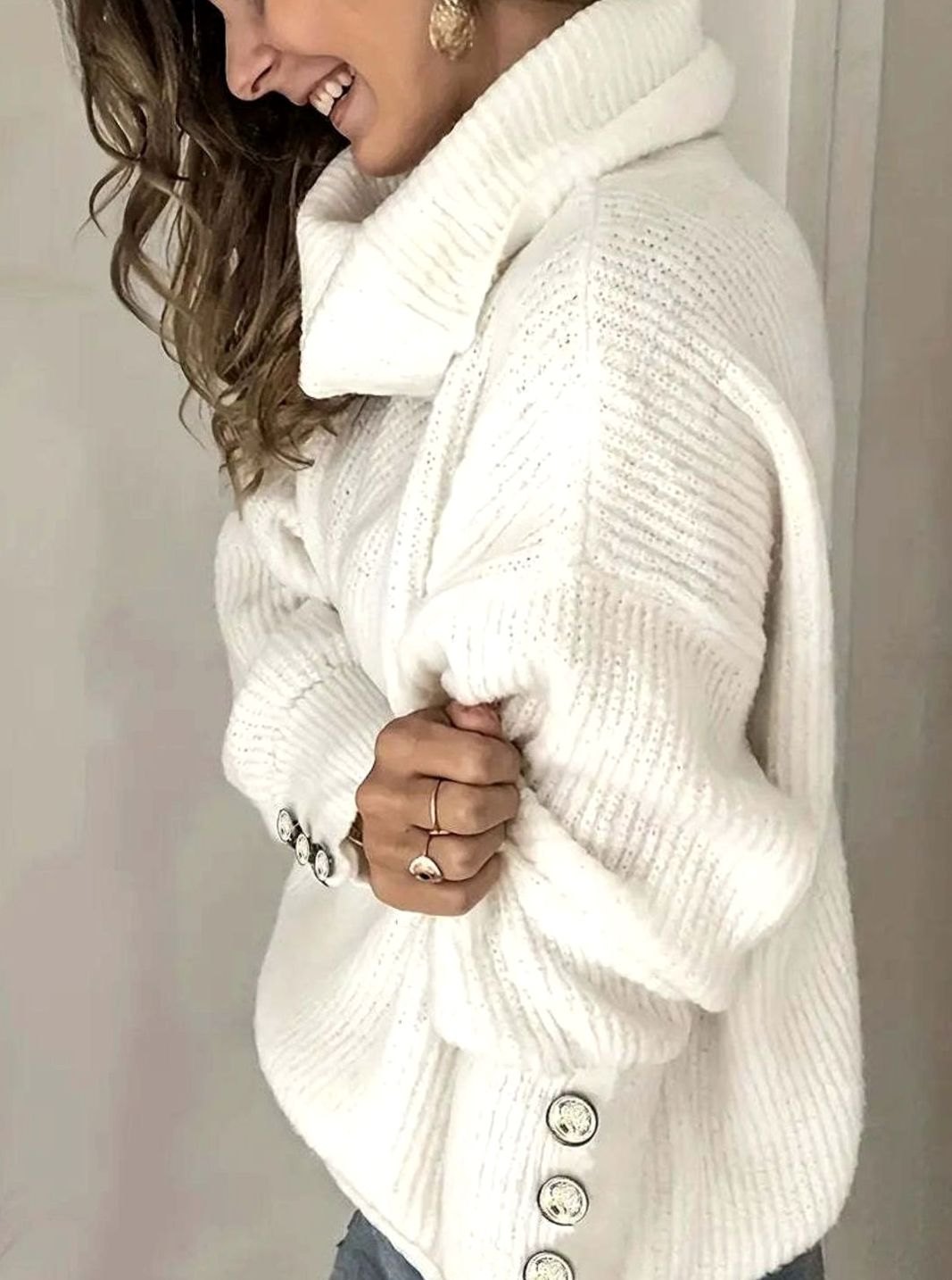 Women's Ribbed Cowl Neck Button-Cuff Knit Pullover Sweater