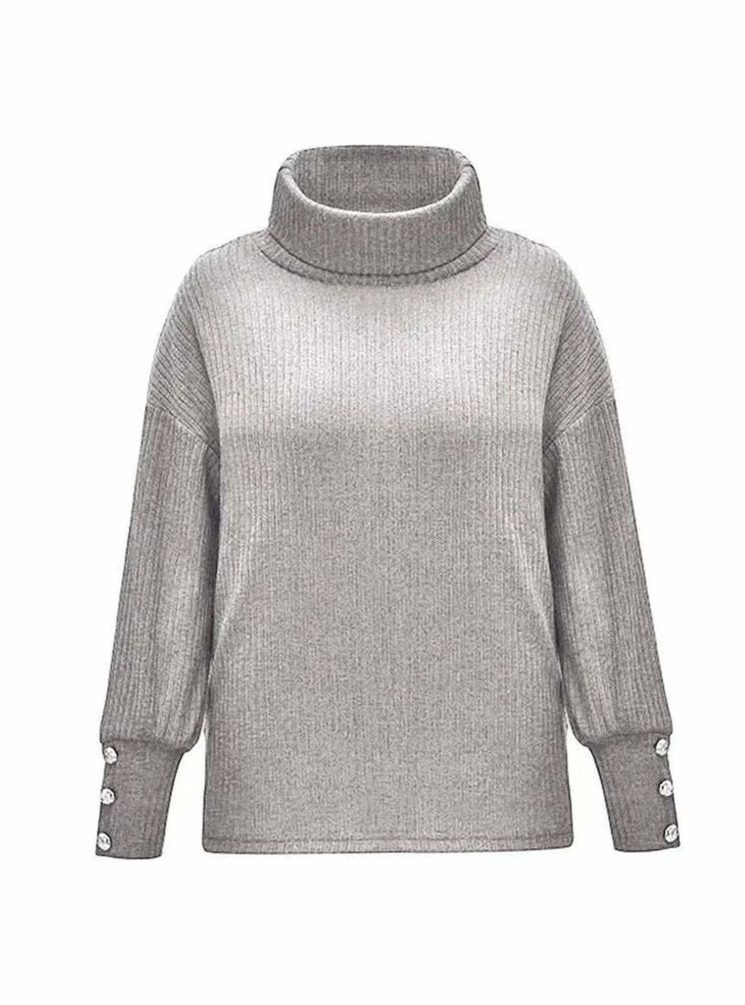 Women's Ribbed Cowl Neck Button-Cuff Knit Pullover Sweater