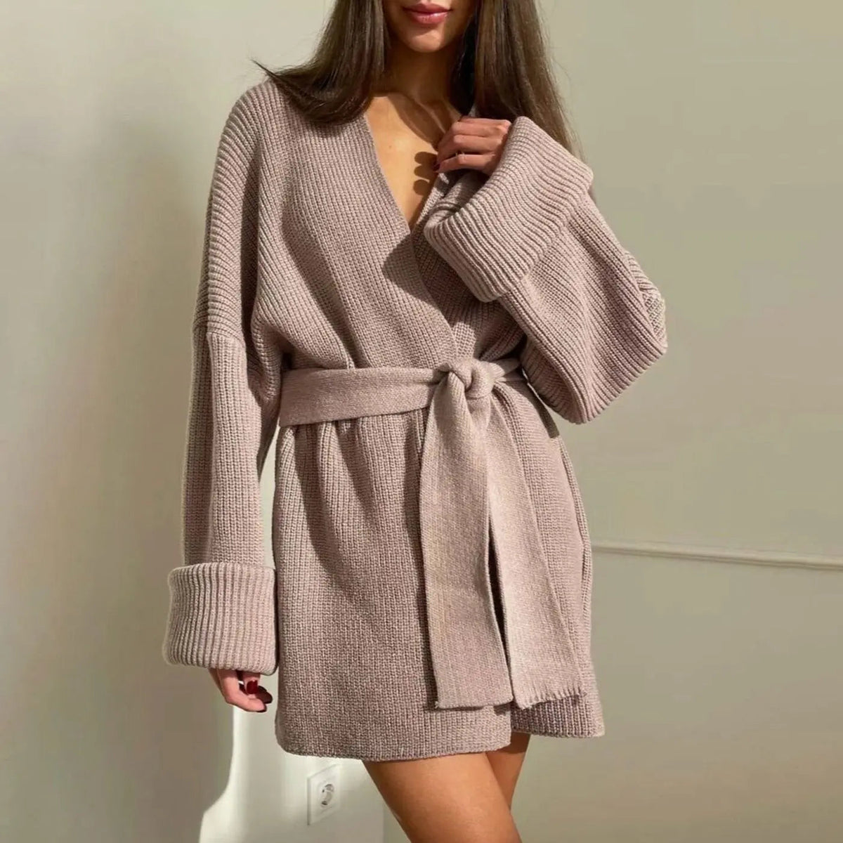 Women's Ribbed Knit Belted Wrap V-Neck Cardigan