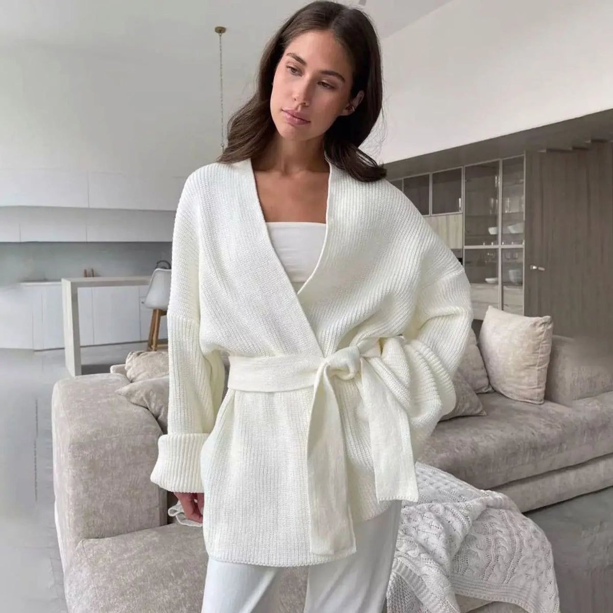 Women's Ribbed Knit Belted Wrap V-Neck Cardigan