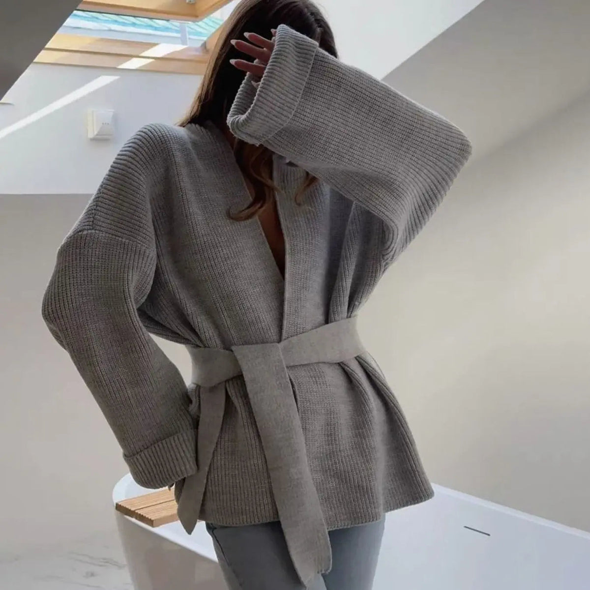 Women's Ribbed Knit Belted Wrap V-Neck Cardigan
