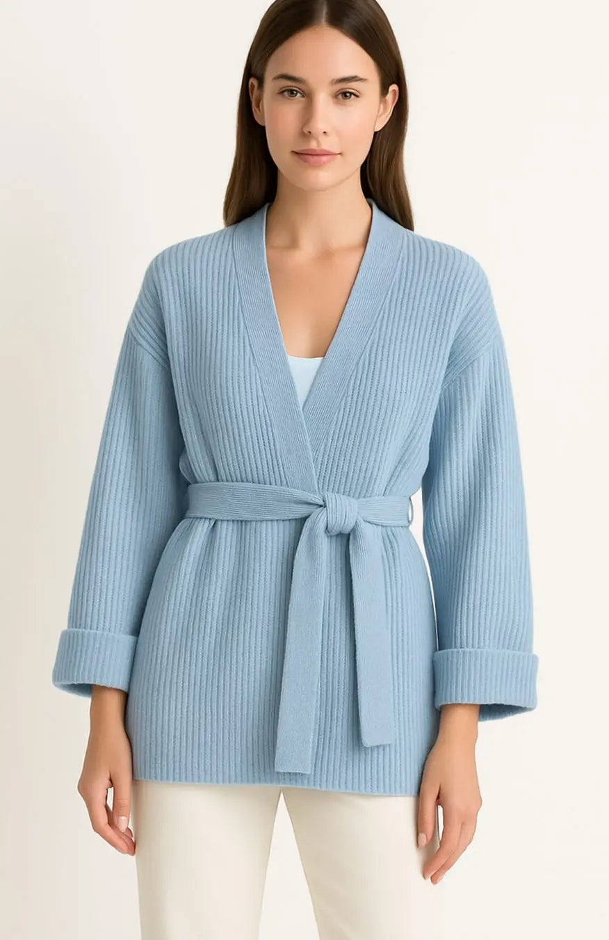 Women's Ribbed Knit Belted Wrap V-Neck Cardigan