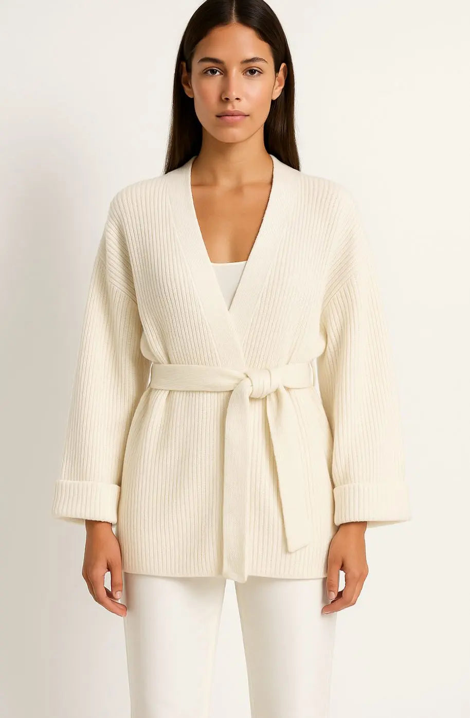 Women's Ribbed Knit Belted Wrap V-Neck Cardigan
