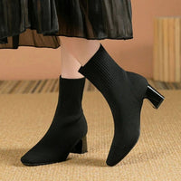 Women's Ribbed Knit Slip-On Block Heel Ankle Boots