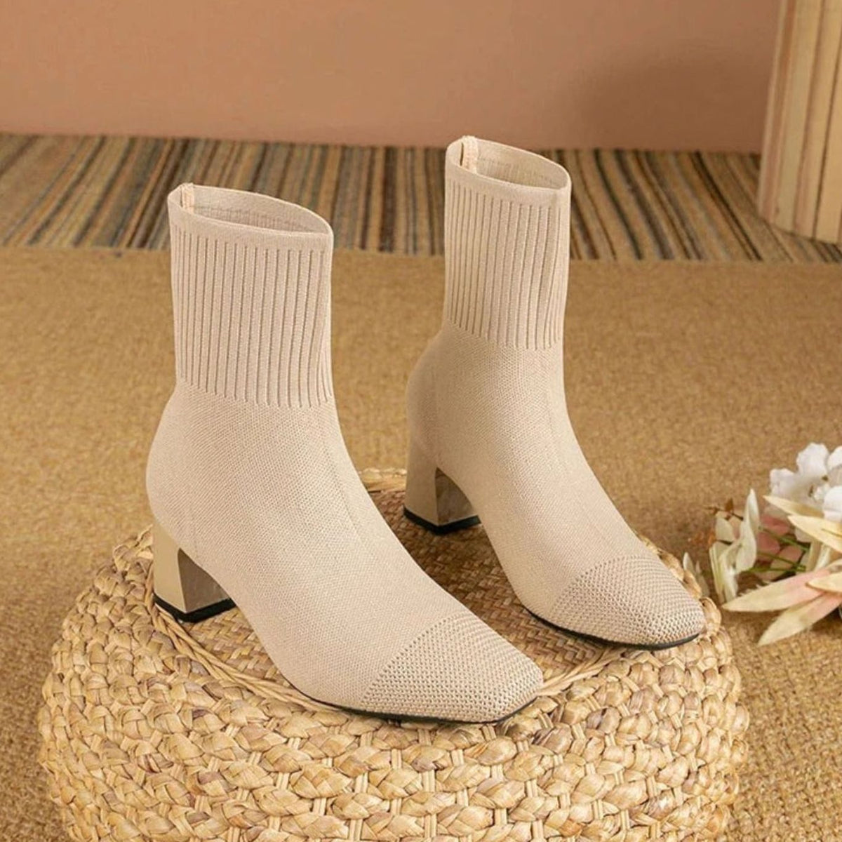 Women's Ribbed Knit Slip-On Block Heel Ankle Boots