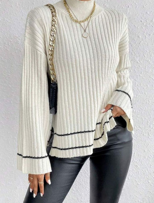 Women's Ribbed Mock-Neck Flare-Sleeve Striped Knit Sweater