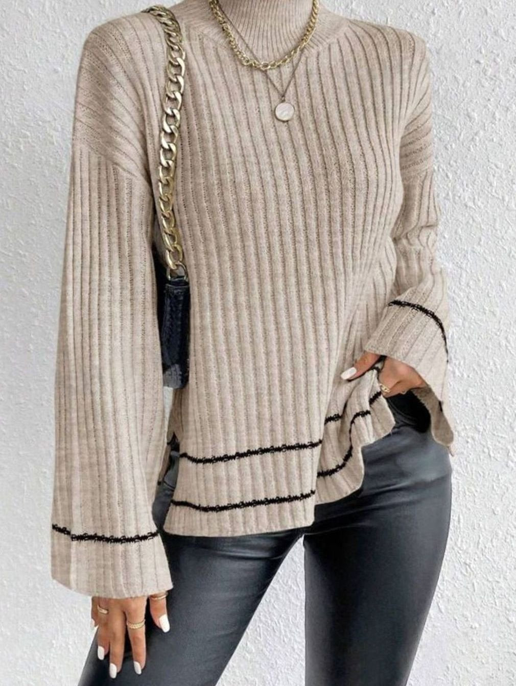 Women's Ribbed Mock-Neck Flare-Sleeve Striped Knit Sweater