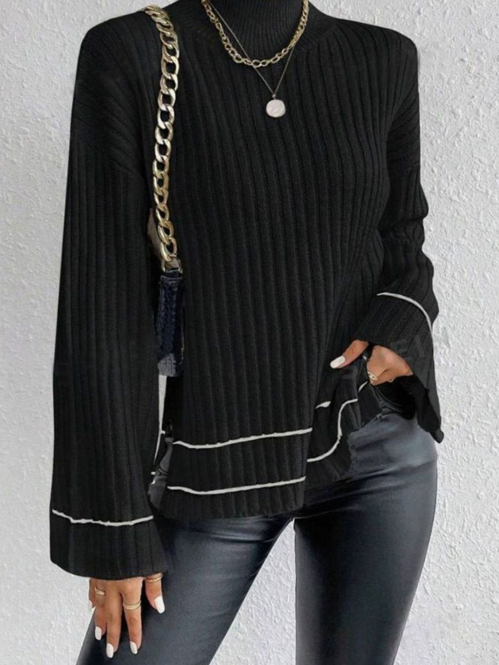 Women's Ribbed Mock-Neck Flare-Sleeve Striped Knit Sweater