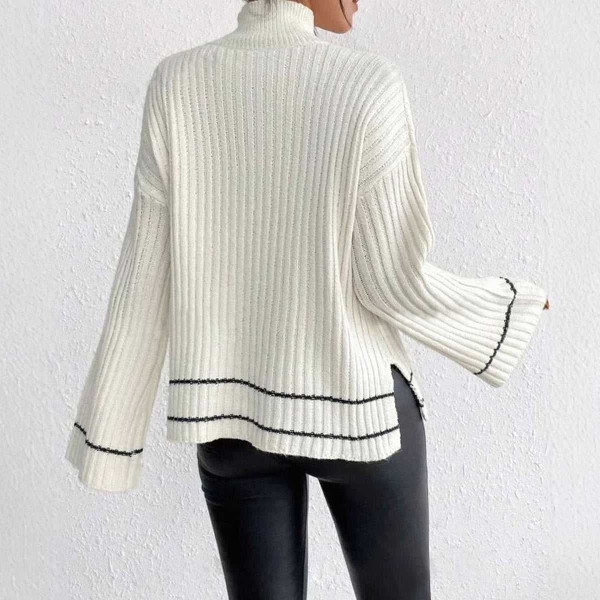 Women's Ribbed Mock-Neck Flare-Sleeve Striped Knit Sweater
