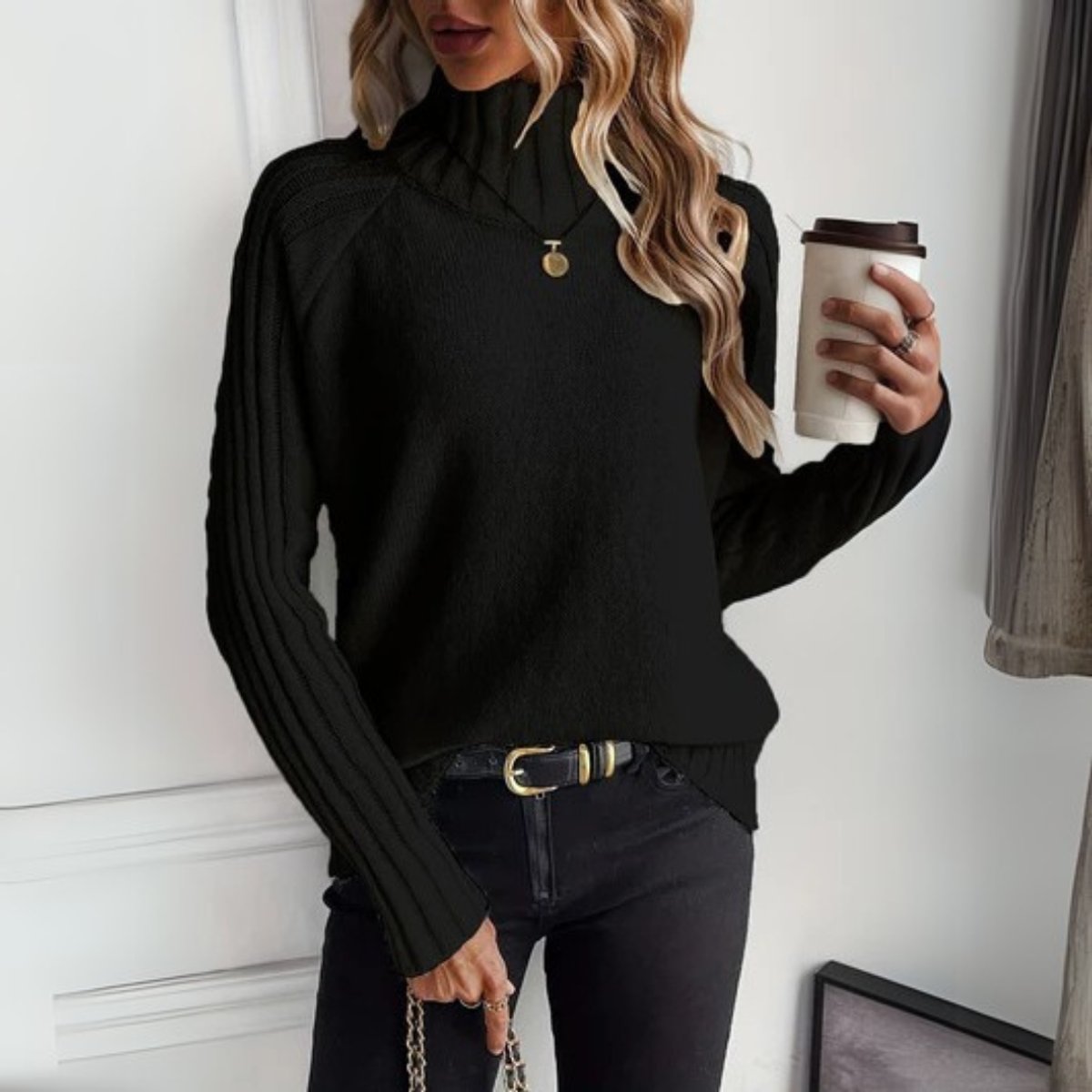 Women's Ribbed Raglan-Sleeve Turtleneck Sweater