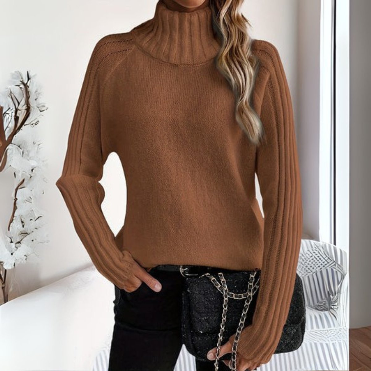 Women's Ribbed Raglan-Sleeve Turtleneck Sweater