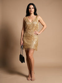 Mini-robe de soirée de Noël sans manches à sequins et franges, col en V, pour femme