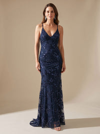 Robe longue de soirée de Noël pour femme, style sirène à sequins, avec bretelles spaghetti et col en V