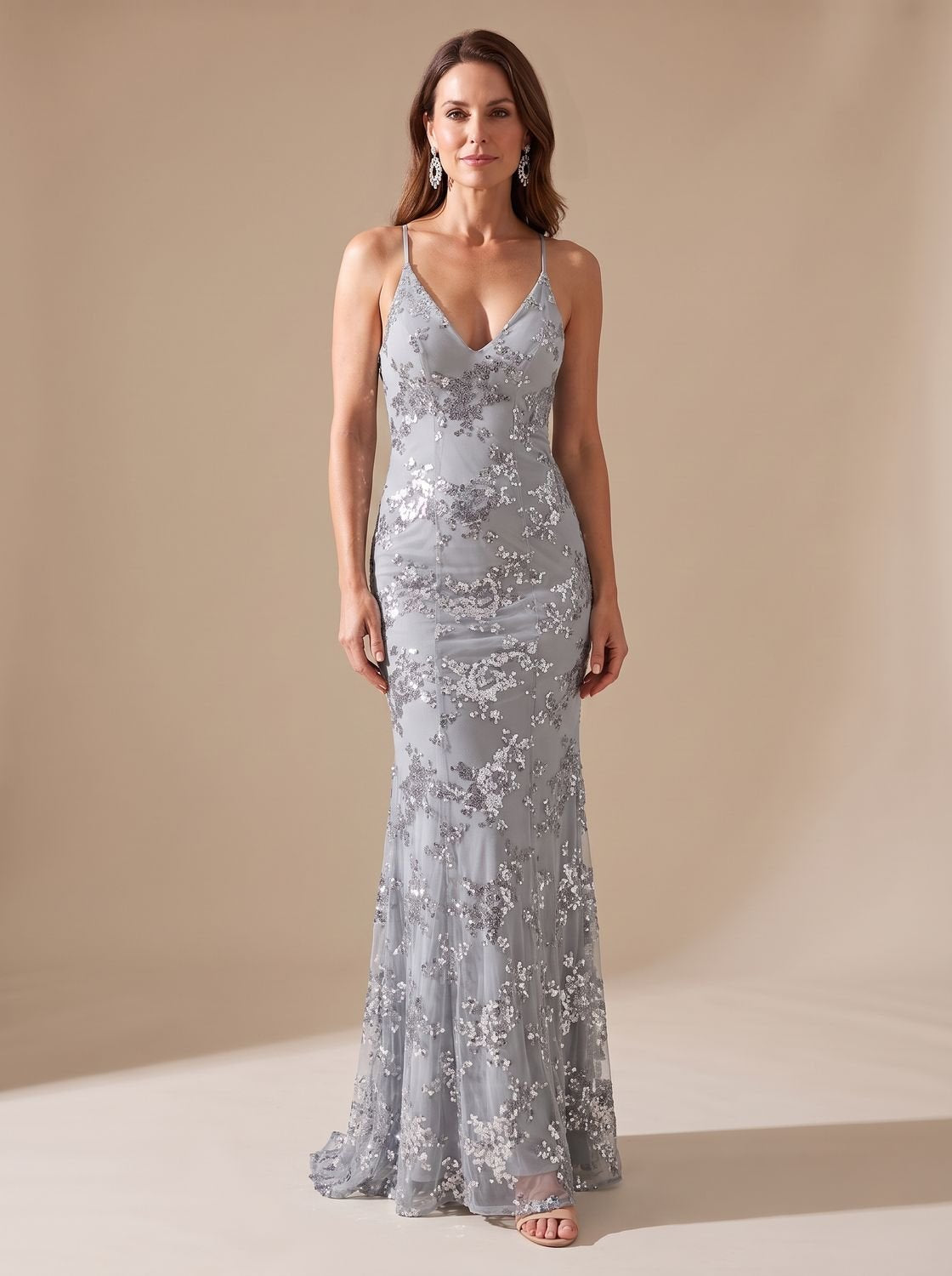 Robe longue de soirée de Noël pour femme, style sirène à sequins, avec bretelles spaghetti et col en V