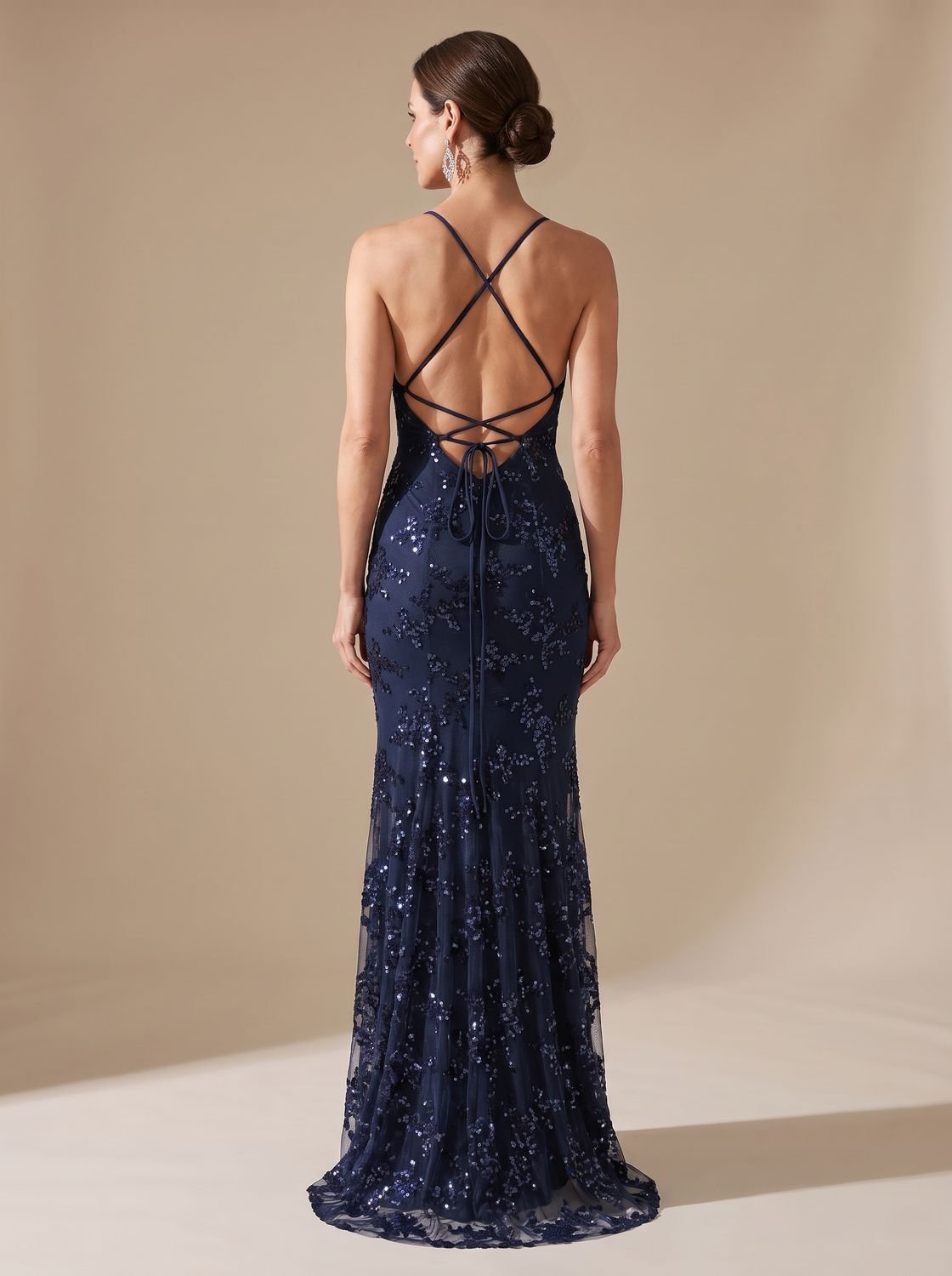 Robe longue de soirée de Noël pour femme, style sirène à sequins, avec bretelles spaghetti et col en V
