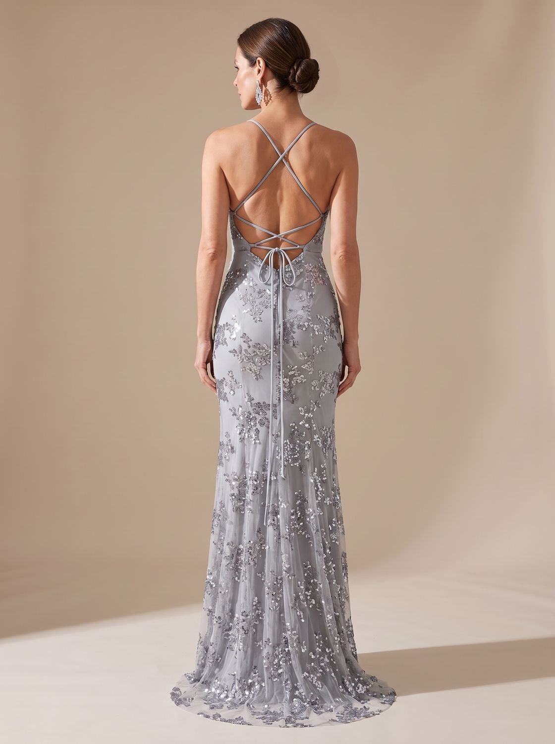 Robe longue de soirée de Noël pour femme, style sirène à sequins, avec bretelles spaghetti et col en V