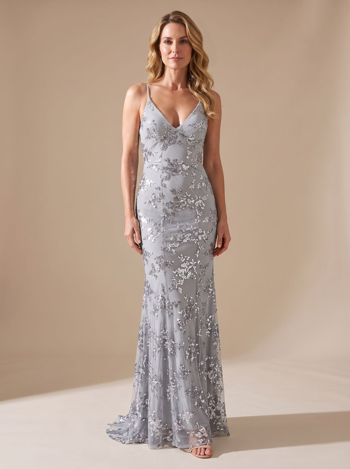 Robe longue de soirée de Noël pour femme, style sirène à sequins, avec bretelles spaghetti et col en V