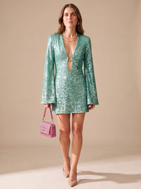 Mini-robe de soirée de Noël à sequins, décolleté plongeant et manches évasées, pour femme