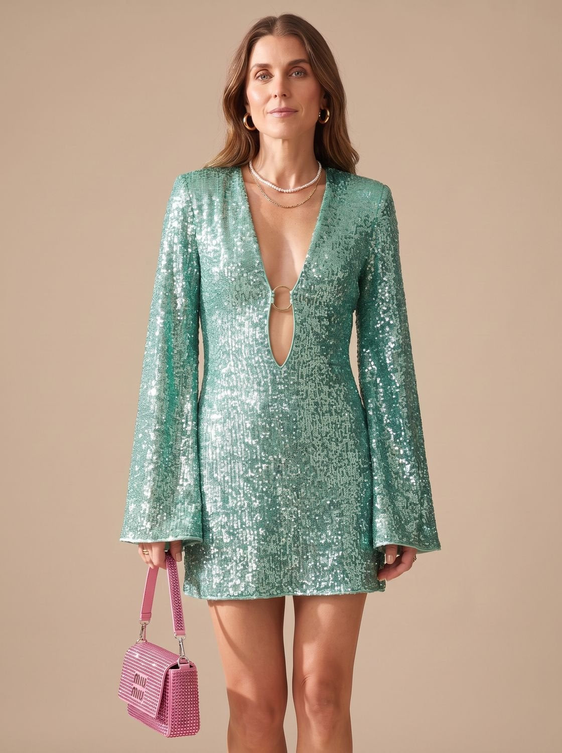 Mini-robe de soirée de Noël à sequins, décolleté plongeant et manches évasées, pour femme