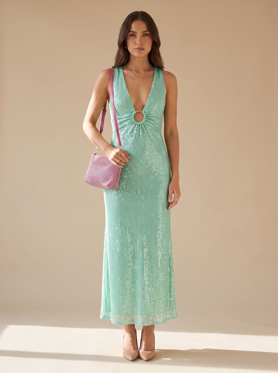 Robe de fête de Noël mini pour femme à décolleté plongeant, manches évasées et sequins