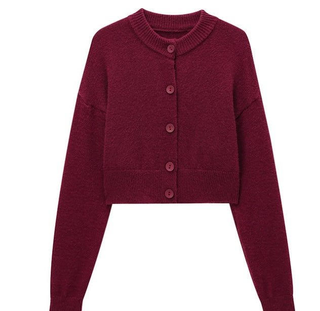 Women's Short Cardigan with Button Placket and Round Neckline