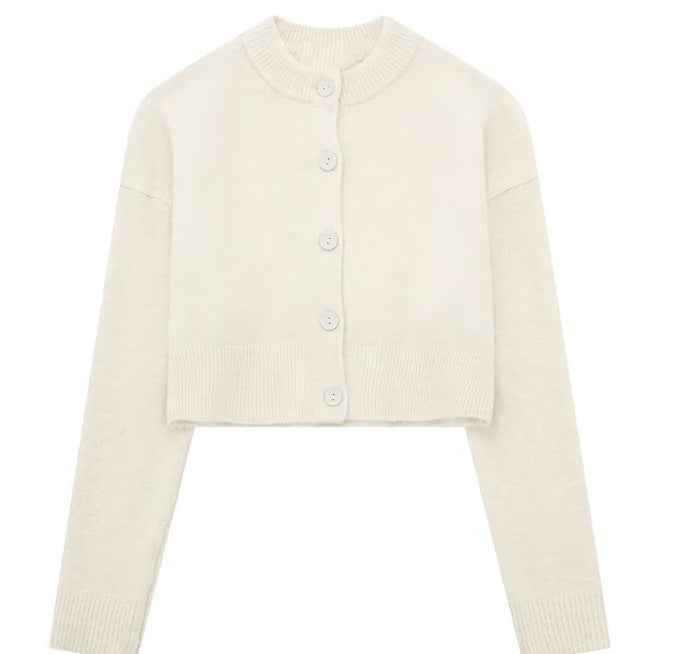 Women's Short Cardigan with Button Placket and Round Neckline
