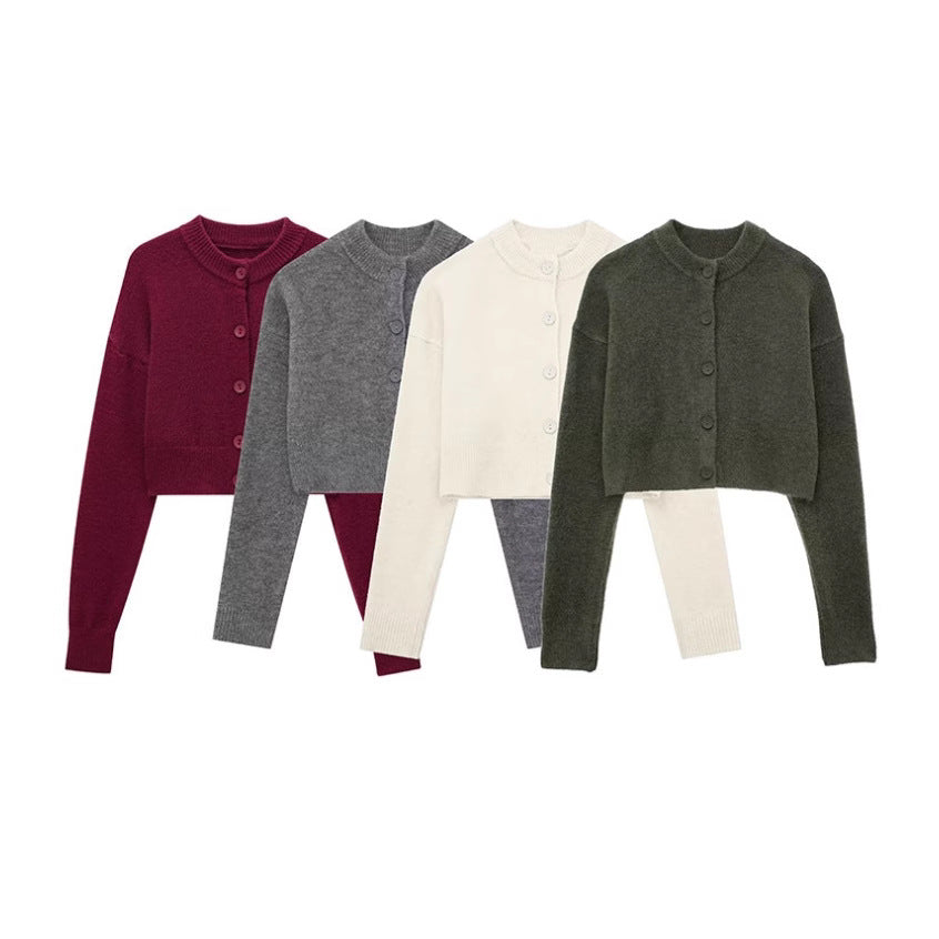 Women's Short Cardigan with Button Placket and Round Neckline